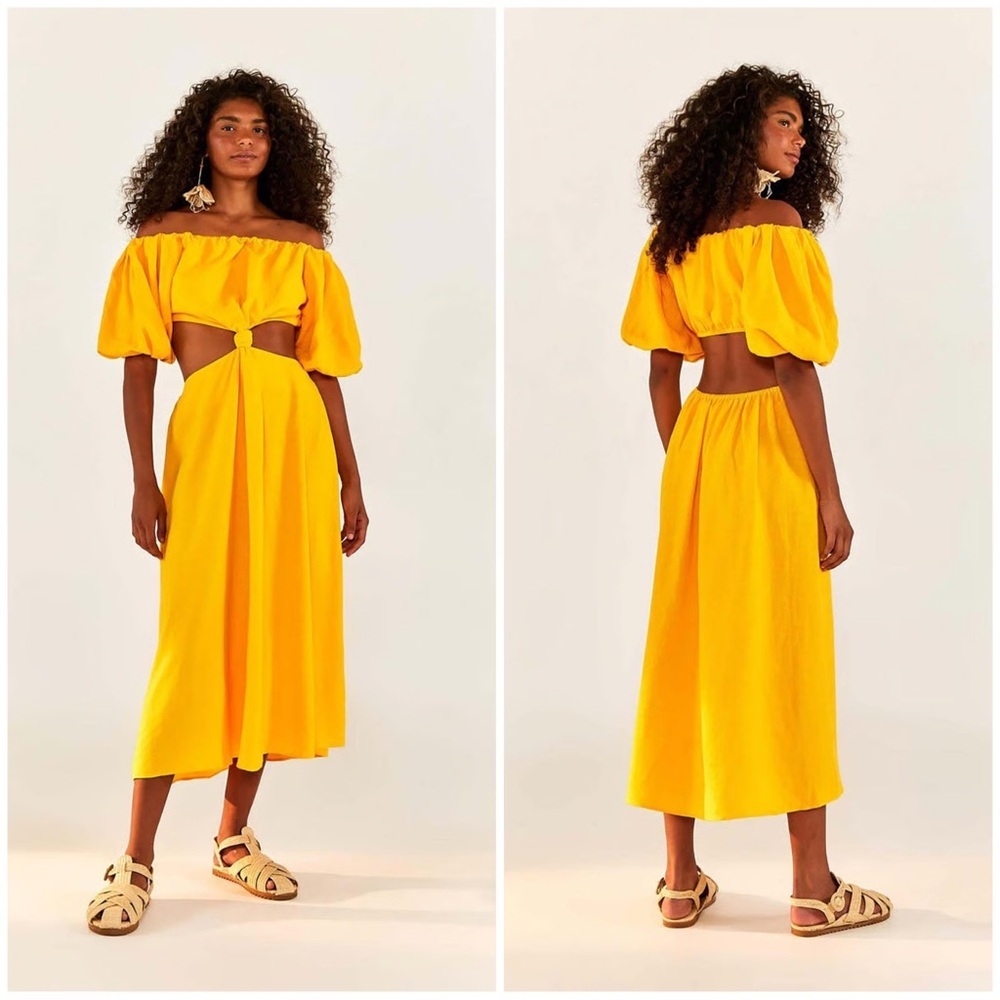 Farm Rio Yellow Midi Knot Dress Puff Sleeve Cutout Linen Blend M NWT